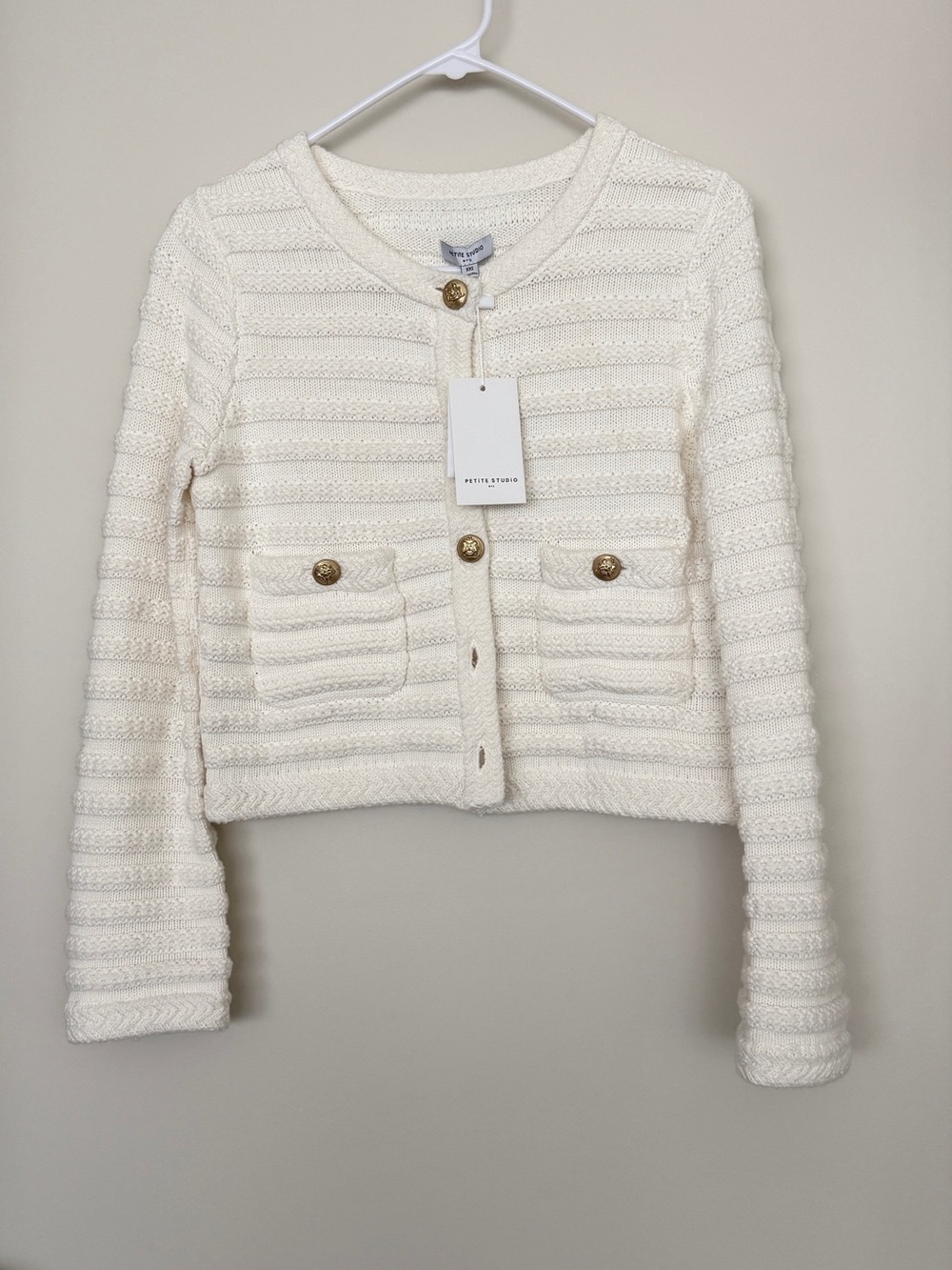 Petite Studio Ivory Cropped Textured Cardigan with Gold Buttons
